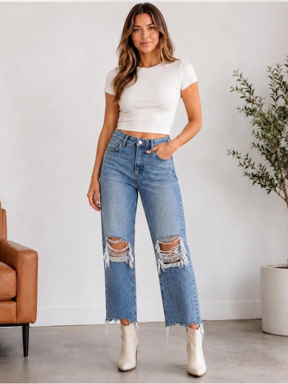 VERVET High Rise Ankle Crop Destroyed Wash Unfinished Hem Jeans